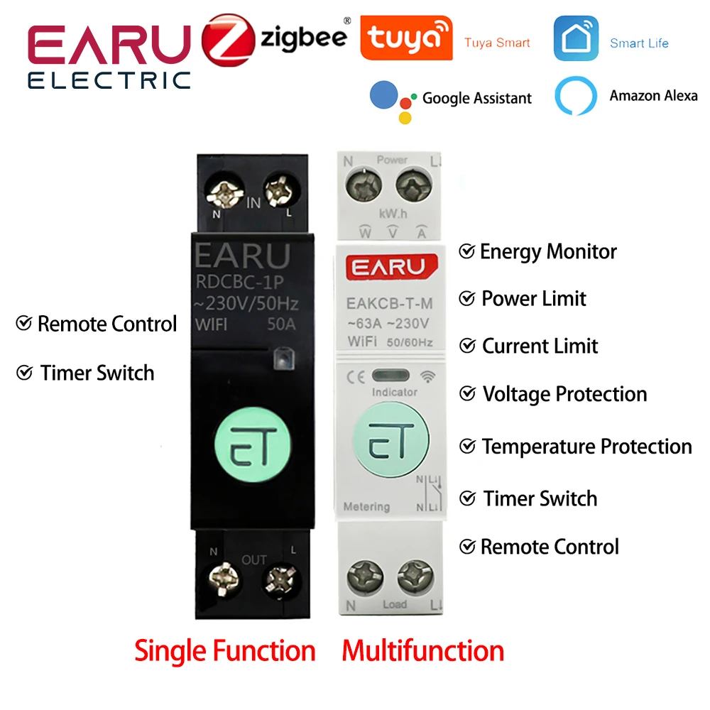 Zigbee TUYA 와이파이 스마트 회로 차단기, 과전류 과전압 보호, 전력 측정, 1-63A 무선 원격 제어 스위치