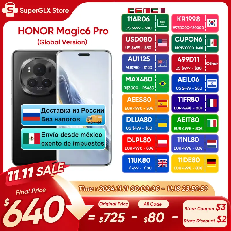 HONOR Magic6 Pro 글로벌 버전, 스냅드래곤 8 Gen 3, 6.8 인치 쿼드 커브 플로팅 스크린, 180MP 잠망경 망원 카메라, 2024 신제품