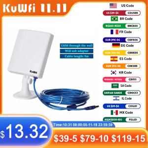 KuWfi PC용 와이파이 USB 어댑터, 야외 와이파이 리시버, 고출력 방수, 14dBi 안테나, 5m 케이블, 네트워크 카드, 150Mbps