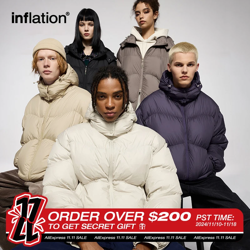 INFLATION 남녀공용 경량 퍼프 다운 재킷, 클래식 단색 후드, 루즈핏 남성 코트, 겨울 90% 다운