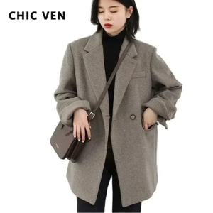 CHIC VEN 가을 겨울 한국 여성 모직 블레이저 코튼 라이닝 두꺼운 따뜻한 자켓 솔리드 컬러 코트 여성 여성 Office Lady Tops