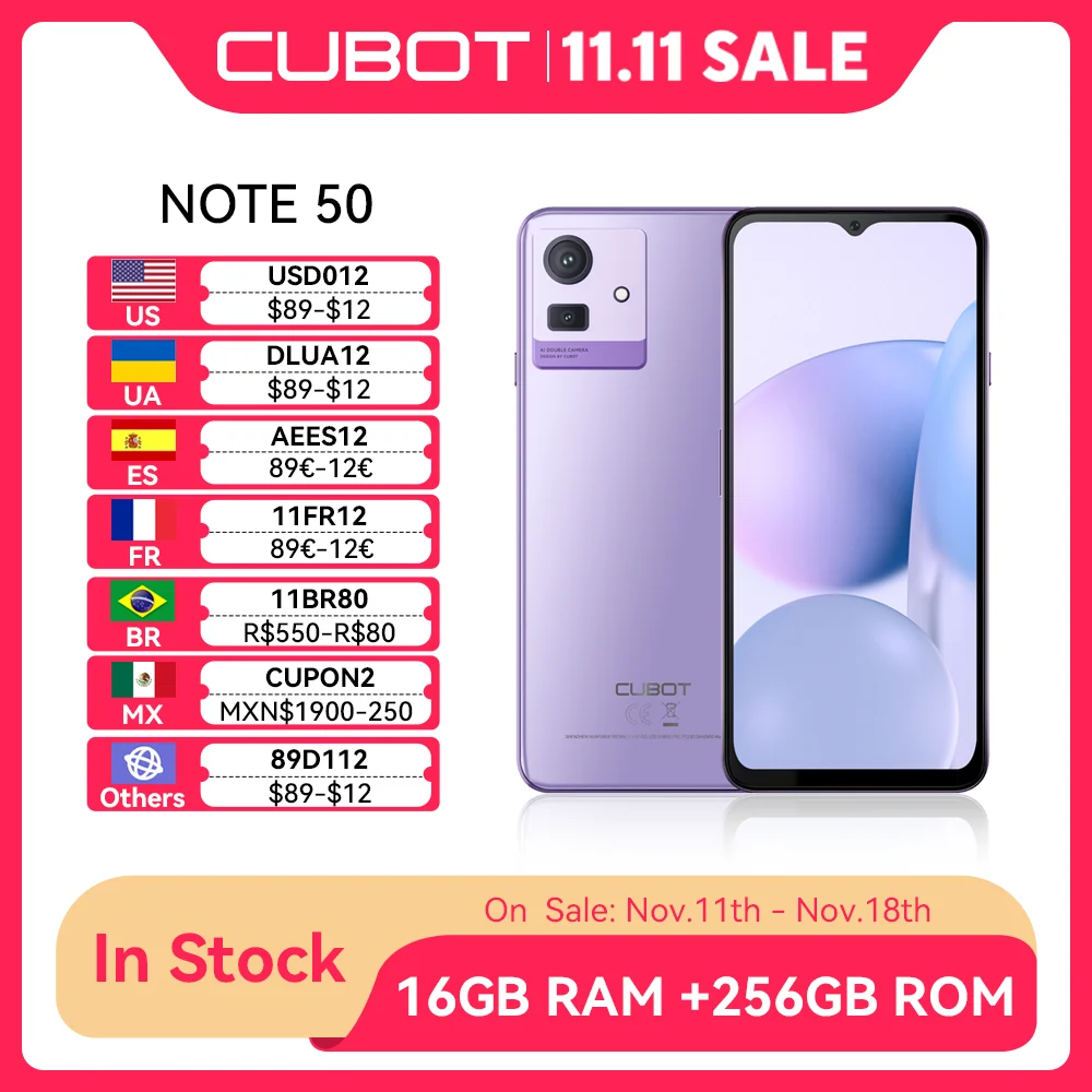 Cubot NOTE 50, 스마트폰, 16GB RAM(8GB+8GB 확장), 256GB ROM(1TB TF 카드 확장), 6.56인치 90Hz 화면, NFC, 50MP 카메라, 5200mAh 배터리, 옥타 코어, 4G smartphone android, WiFi, 블루투스 지원, 카트 및 컬렉션에 추가