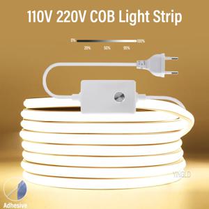 COB LED 스트립 조명 고휘도 스위치, 조도 조절 가능, EU 플러그 네온 테이프, 주방 캐비닛 조명, 방수 정원, 220V, 미국 110V