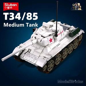 Sluban T34-85 중형 탱크 빌딩 블록, 중형 탱크 전차 군인 피규어 모델 벽돌 세트, 어린이 선물용 DIY 장난감, WW2, 518 개