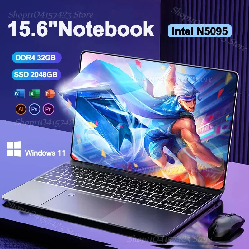 휴대용 노트북 PC 게이머 인텔 N5095 사무실 컴퓨터, 백라이트 지문, 15.6 인치 32GB 램 DDR4 2TB SSD, 윈도우 11 노트북