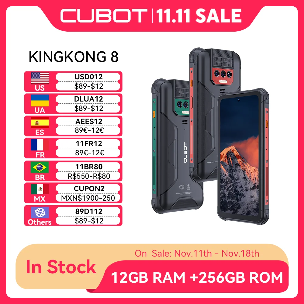 Cubot KingKong 8, 러기드 스마트폰 Android 13, 12GB RAM(6GB+6GB 확장), 256GB ROM(TF 카드 최대 1TB 확장 지원), 10600mAh 배터리, 6.528인치 화면, 48MP 카메라, NFC, 옥타 코어, 4G smartphone android, GPS, OTG, 장바구니에 담기