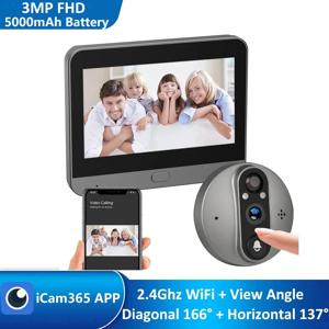 스마트 3MP FHD WiFi 배터리 구동 도어벨 매직 캣아이 핍홀 카메라 PIR FHD 디지털 뷰어 도어벨 모니터 무선