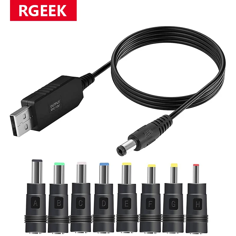 RGEEK USB 케이블 부스트 컨버터 스텝업 코드, 8 개 커넥터 케이블, 와이파이 12V 라우터 모뎀 선풍기 보조베터리, 5.5x2.1mm, 5V, 9V, 12V