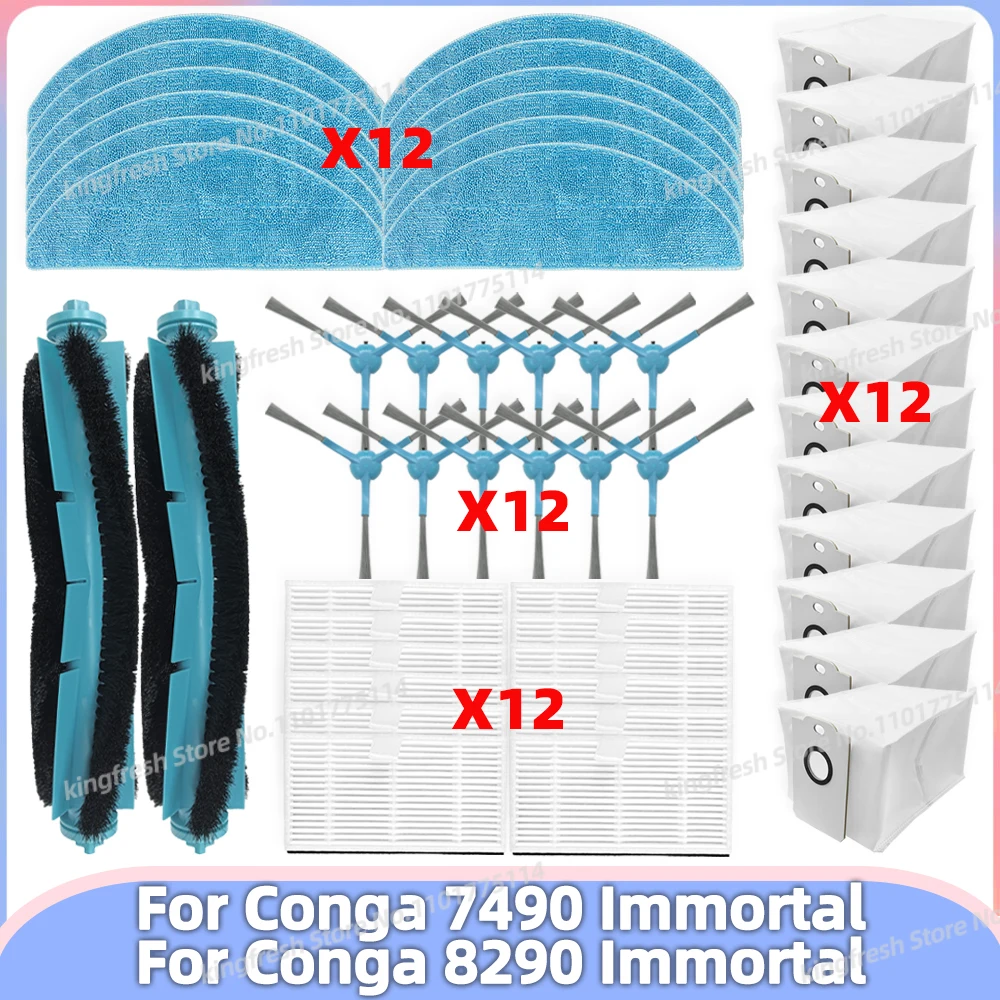 Cecotec Conga 7490 Immortal 8290 Immortal 진공청소기 교체 부품 및 액세서리에 적합 - 메인 롤러, 사이드 브러시, HEPA 필터, 물걸레 천, 먼지 봉투