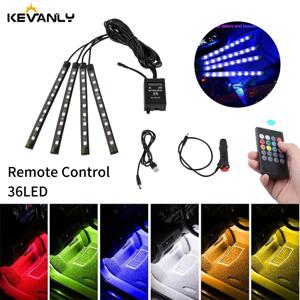 4 in 1 네온 36LED 자동차 인테리어 앰비언트 풋 라이트, USB 무선 원격 음악 제어, 자동 RGB 분위기 장식 램프