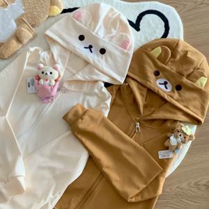 Rilakkuma 귀여운 만화 후디 집업 후디, 테디 베어 귀, 긴팔 재킷, 여성 캐주얼 카디건, 면 의류, 패션