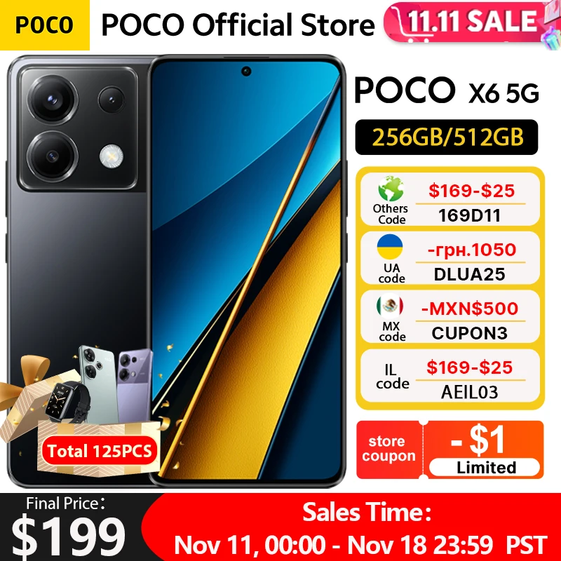 글로벌 버전 POCO X6 5G 6.67 AMOLED 디스플레이, 스냅드래곤 7s 2 세대 스마트폰, 120Hz AMOLED 디스플레이, 64MP 카메라, OIS 67W 충전