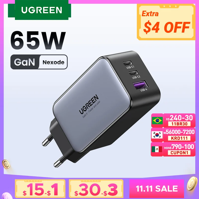 UGREEN 65W GaN 충전기 빠른 충전 4.0 3.0 유형 C PD USB 충전기 아이폰 12 13 프로 최대 빠른 충전기 노트북 PD 충전기