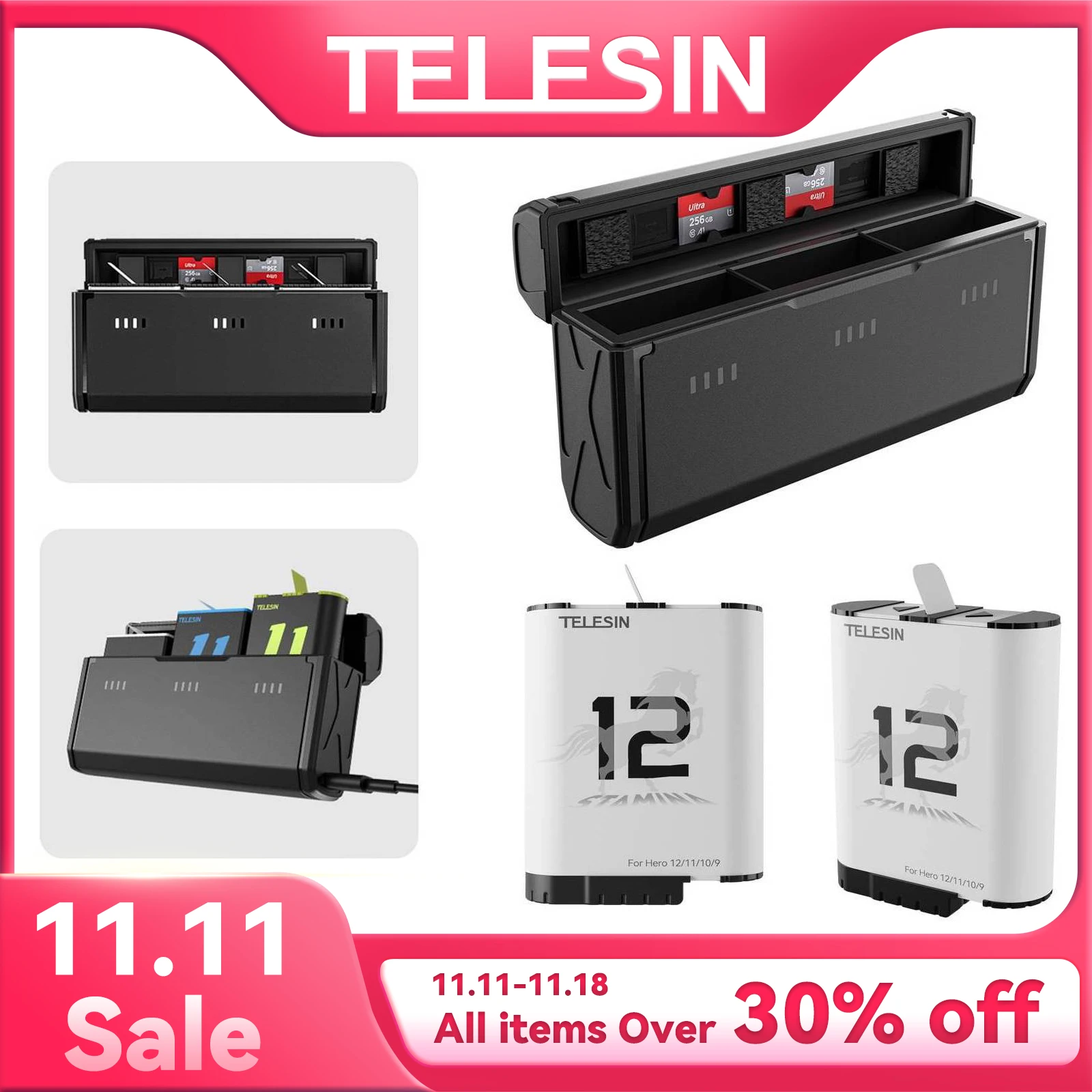 TELESIN Endurence 배터리, 고프로 히어로 12, 11, 10, 9, 1750 mAh 배터리, 3 슬롯, TF 카드, 배터리 스토리지 충전기 박스