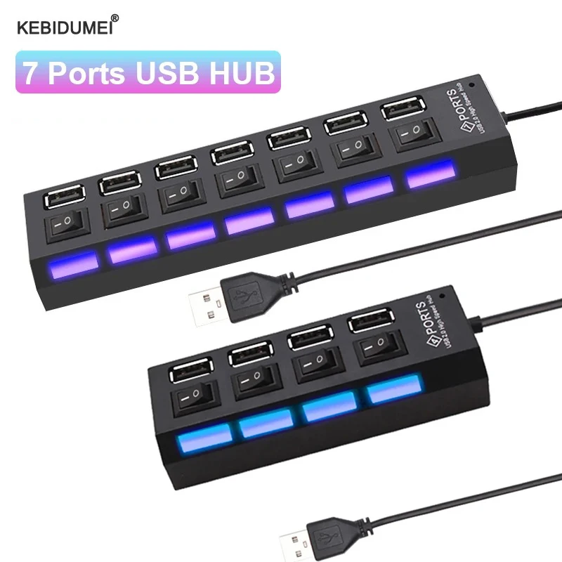 가정용 멀티 USB 2.0 허브, 멀티 분배기 포트, 전원 어댑터 사용, 4 포트, 7 포트, 다중 확장기 허브, 스위치 포함, 30cm 케이블