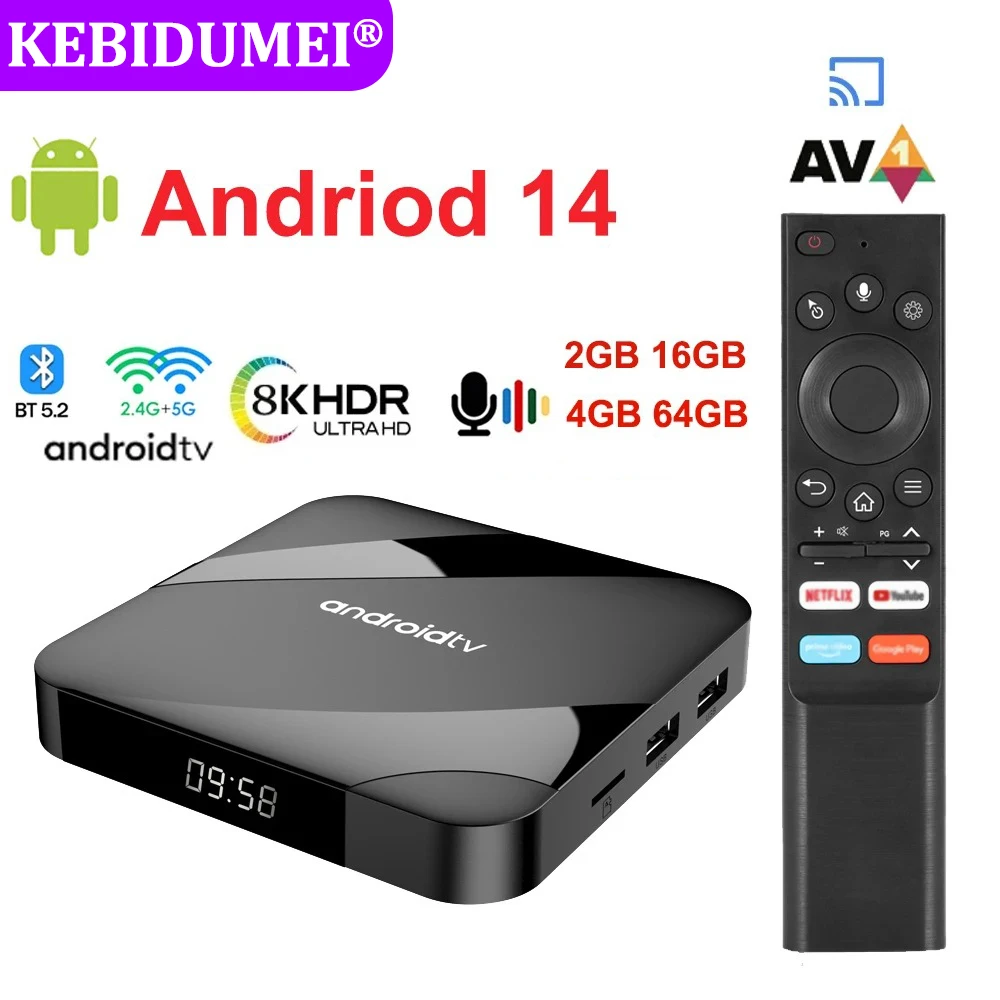 블루투스 5.2 ATV 안드로이드 14 TV 박스, 쿼드 코어 2.4G 및 5G 듀얼 와이파이 음성 원격 미디어 플레이어, 8K 4K 셋톱 박스, 4GB 64GB AV1 S905W2