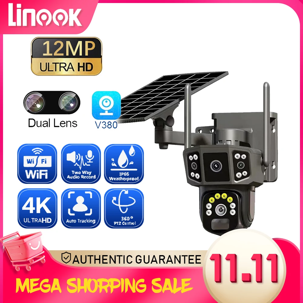 Linook V380, 10X, 4K 듀얼 렌즈, 옥외 보안 웹캠, 무선 와이파이 태양광 CCTV, 4G sim 태양광 카메라, CCTV