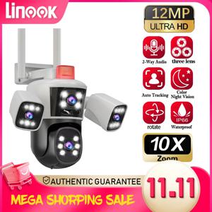 방수 CCTV 야외 와이파이 전화 네트워크 카메라, PTZ 360 지능형 보안 카메라, Linook12MP, 6K, 3 렌즈