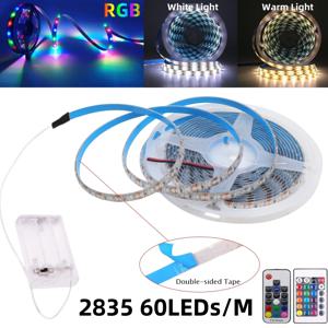 백색 따뜻한 RGB 2835 LED 스트립 조명, 유연한 50cm, 1M, 2M, 3M, 5M, TV 백라이트, 야간 테이프, 다이오드 리본, 3AA 배터리, 5V, 60LED/M