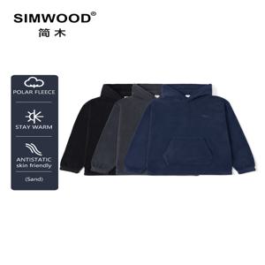 SIMWOOD 남성용 편안한 폴라 플리스 후드티, 따뜻한 로고 자수 하이 퀄리티 스웻셔츠, 오버사이즈, 2024 가을 겨울 신상