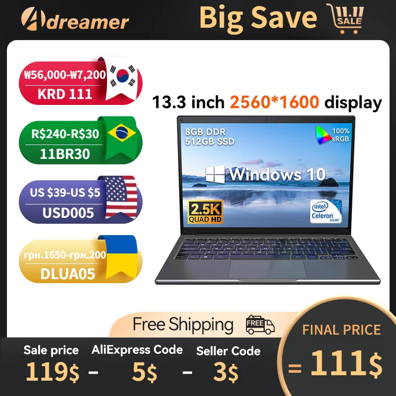 Adreamer 휴대용 노트북, 인텔 CPU 2.5K FHD IPS, 8GB 1T SSD, 2.5K FHD 디스플레이 노트북, 13.3 인치, 저렴한 가격