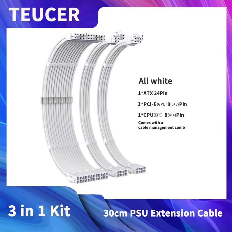 TEUCER CPU PSU 익스텐션 케이블, 3 in 1 마더보드, ATX 24 핀 GPU PCI-E 6 + 2 핀 8 핀 CPU EPS 4 + 4 핀 18AWG 전원 코드, 빗 포함, 30cm