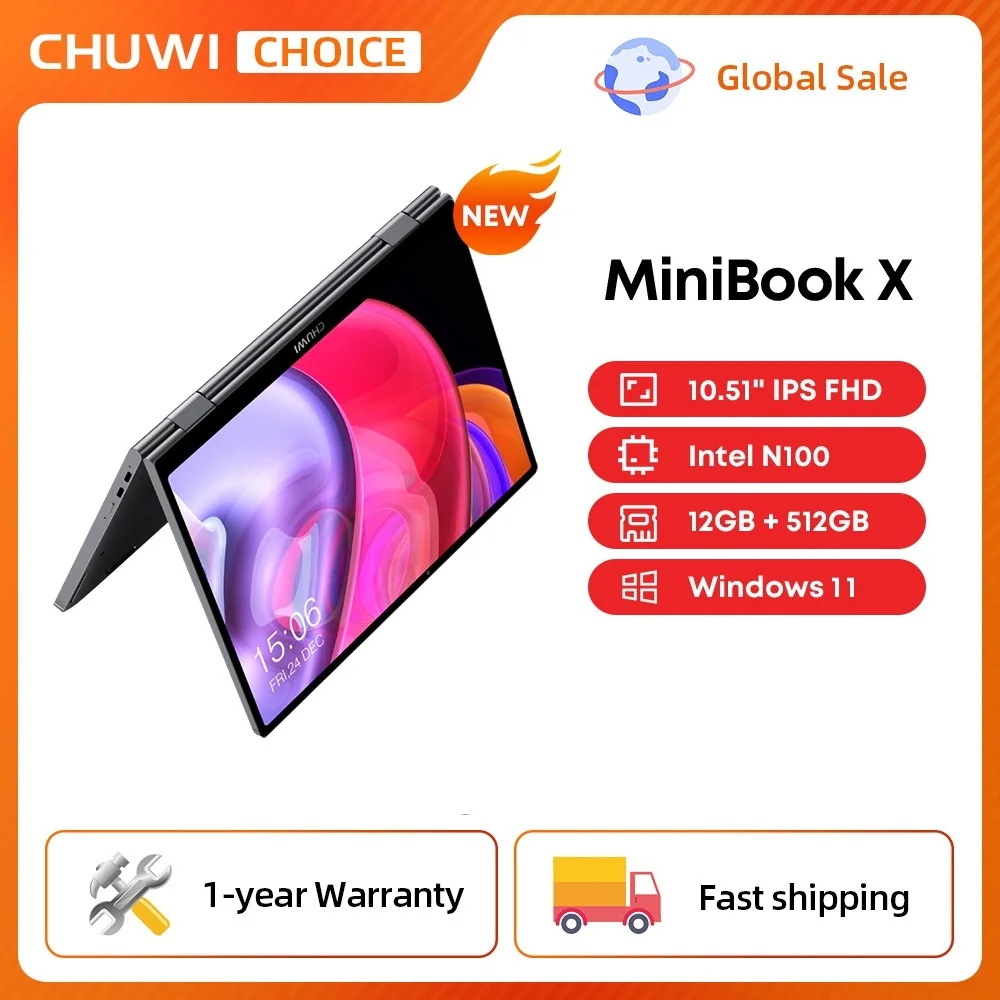 CHUWI MiniBook X 노트북 태블릿, 인텔 N100, N5100, 10.51 인치 FHD IPS 스크린, 12GB LPDDR5 512G SSD, 윈도우 11 노트북 1200*1920, 2 in 1