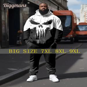 Biggmans 남성용 플러스 사이즈 의류, 해골 컬러 블록, 빅 사이즈 긴팔 바지, 후드티 세트, 7Xl, 8Xl, 9Xl