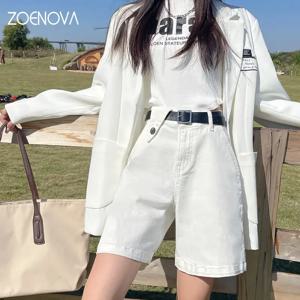 ZOENOVA-스트레치 여성 5 포인트 와이드 반바지, 청바지 벨트, 단색, 하이 루즈 스트리트웨어, 데님, Y2K 의류, 블랙 커피 여성, 2023