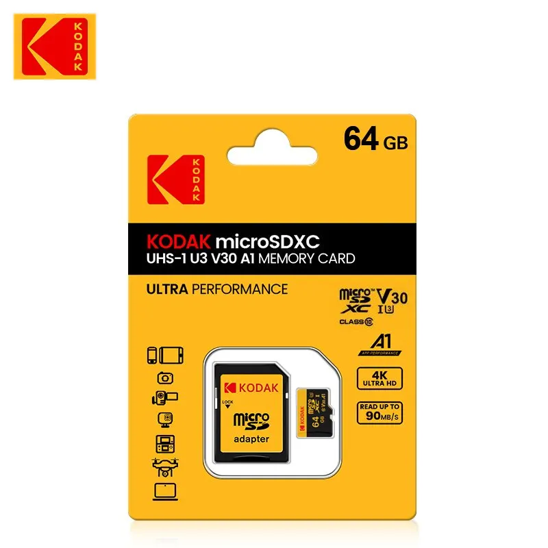 KODAK 마이크로 SD 메모리 카드 512GB 256GB 최대 90MB/s 클래스 10 U3 32GB 64GB 128GB TF 카드 4K HD USB 카드 리더 어댑터 마이크로