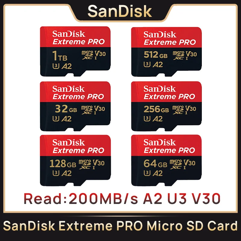 SanDisk V30 익스트림 프로 마이크로 SD UHS-I 메모리 카드, TF 카드, 카메라 스팀 데크용, 32GB, 64GB, 128G, 256G, 512GB, 1TB, 200 MB/s, C10, U3, 4K