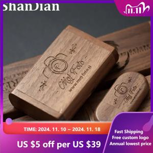 SHANDIAN-무료 로고 나무 + 상자 USB 2.0 펜 드라이브 4GB 16GB 32GB 64GB 메모리 스틱, 웨딩 사진 선물 U 디스크