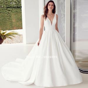 Vestidos De Novia 심플 새틴 웨딩 드레스, v넥 민소매 백리스 프린세사 a라인 신부 가운 (포켓 포함), 로브 마리에