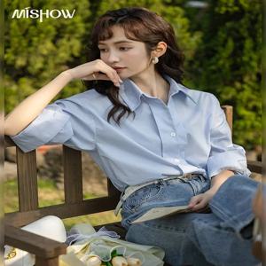 MISHOW 여성용 루즈 셔츠 용수철 솔리드 폴로 넥 싱글 브레스트 블라우스, 오피스 레이디 긴팔 상의, 여성 의류, MXC13C0006