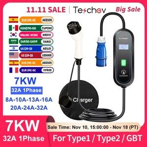 Teschev 전기 자동차용 휴대용 EV 충전기, 220V 7KW J1772 타입 1 IEC62196 타입 2 GBT 충전기, 32A 조정 가능한 전류 충전기