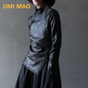 UMI MAO-다크 야마모토 스타일 불규칙한 스탠드 칼라 대각선 지퍼 인조 가죽 스웨터 여성용, 멋진 블랙 고딕 재킷 Y2K