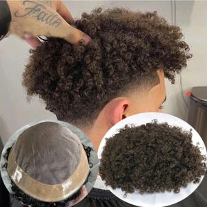 Afro Toupee 남성용 직조 유닛, 검은색, 변태 곱슬 100% 인모, 아프리카 아메리칸 Toupee 남성용 모노 레이스, PU 어라운드, 8mm