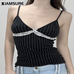 IAMSURE 여성용 섹시한 슬림 스트라이프 캐미스 탑, 캐쥬얼 패치워크 레이스 활, 딥 브이넥 민소매 탱크 탑, 2024 여름 패션 숙녀