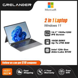 CRELANDER 2-in-1 노트북 Intel N100 14형 2K 터치스크린 DDR5 16GB Windows 11 RGB 키보드 태블릿 미니 노트북