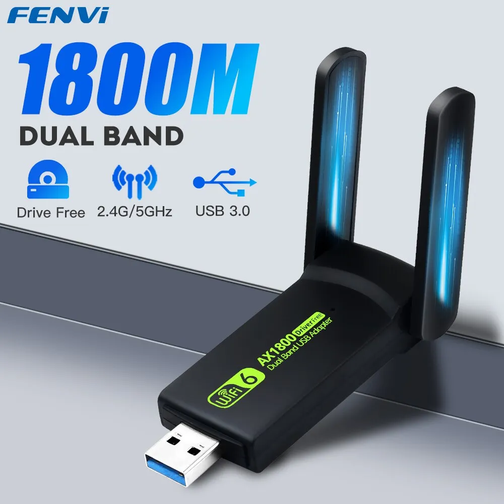 FENVI 듀얼 밴드 무선 와이파이 동글 네트워크 카드, 1800Mbps 와이파이 6 USB 3.0 어댑터, 802.11AX, 2.4G, 5GHz, RTL8832AU, 지지대 Win10, 11 PC