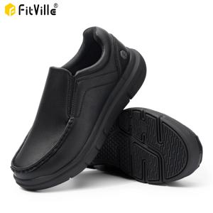 Fitville 남성용 와이드 와이드 와이드 가죽 슬립온 캐주얼 신발, 아치 지지대 통증 완화, 부은 발에 경량