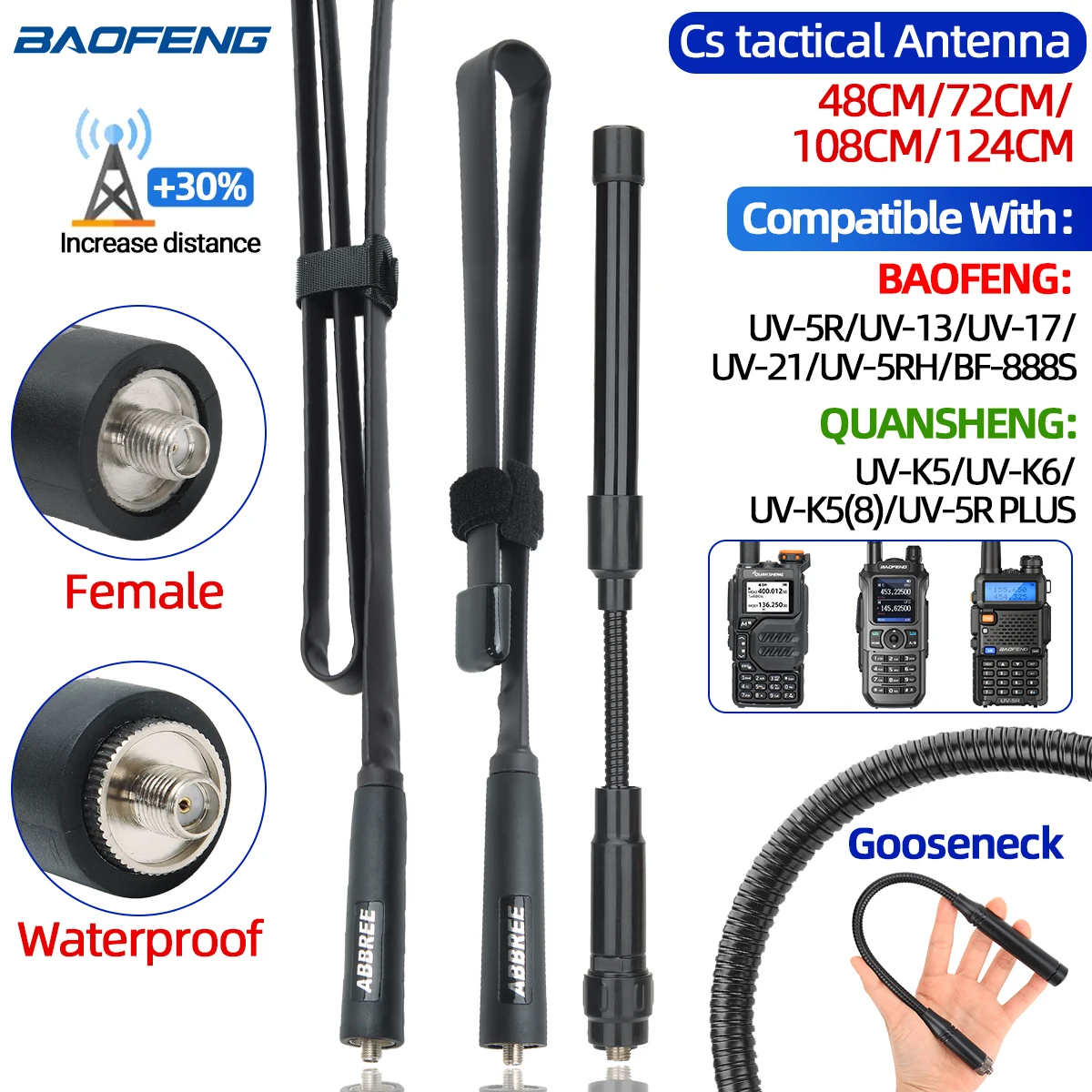 ABBREE CS 전술 안테나 SMA-암 듀얼 밴드 VHF UHF 144/430Mhz 접이식 워키토키용, Baofeng UV-13PRO UV-5R Quansheng