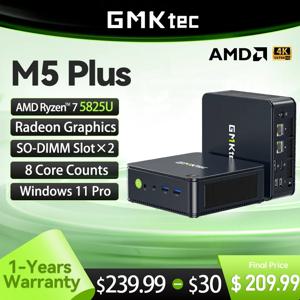 GMKtec 미니 PC GMK M5 플러스 AMD 라이젠 R7 5825U NUCBOX 라데온 그래픽 코어 카운트 윈도우 11 프로 와이파이 6E SO-DIMM 슬롯× 2 최대 64GB