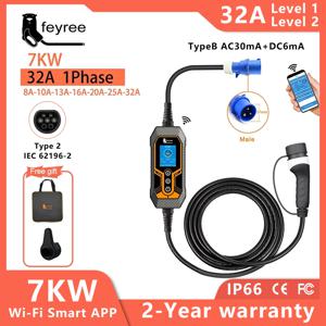 Feyree 휴대용 EV 충전기 타입 2, 32A, 7KW, EVSE, 와이파이 앱 제어, 조정 가능한 전류, 스마트 타이밍 충전, 가정 및 야외용