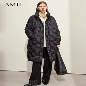 AMII 여성용 미니멀리스트 2024 겨울 다운 코트, 따뜻한 스탠드 칼라, 느슨한 래글런 슬리브, 오피스 레이디 롱 재킷, 12324010, 신상