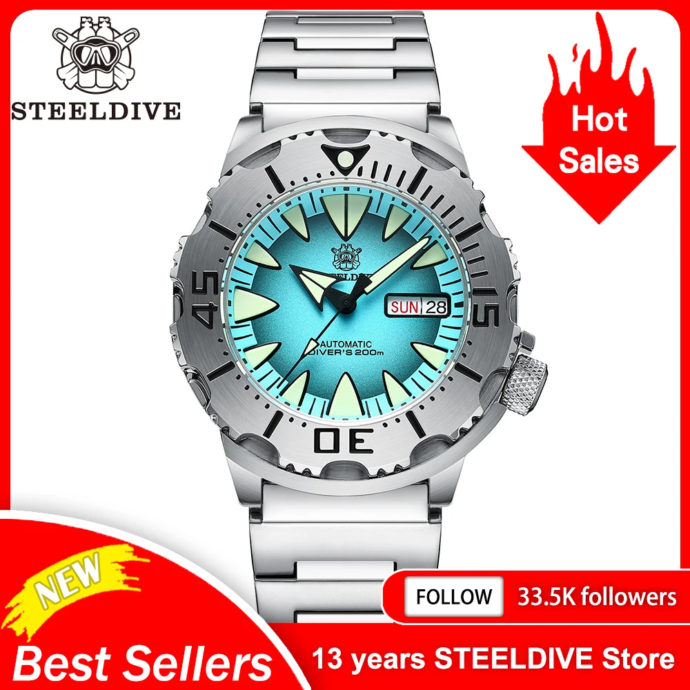 STEELDIVE SD1984 스틸 팔찌, 42.2mm M 몬스터 200M 방수 NH36 데이 기능, 사파이어 유리, 자동 무브먼트 스틸 베젤