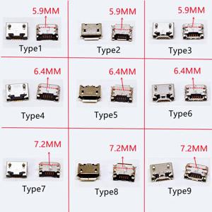 마이크로 USB 미니 커넥터, 모바일 엔드 플러그 V8 포트용 충전 포트, 짧은 바늘, 5P DIP2 데이터 포트, 5 핀, 5.9mm, 6.4mm, 7.2mm, 100 개