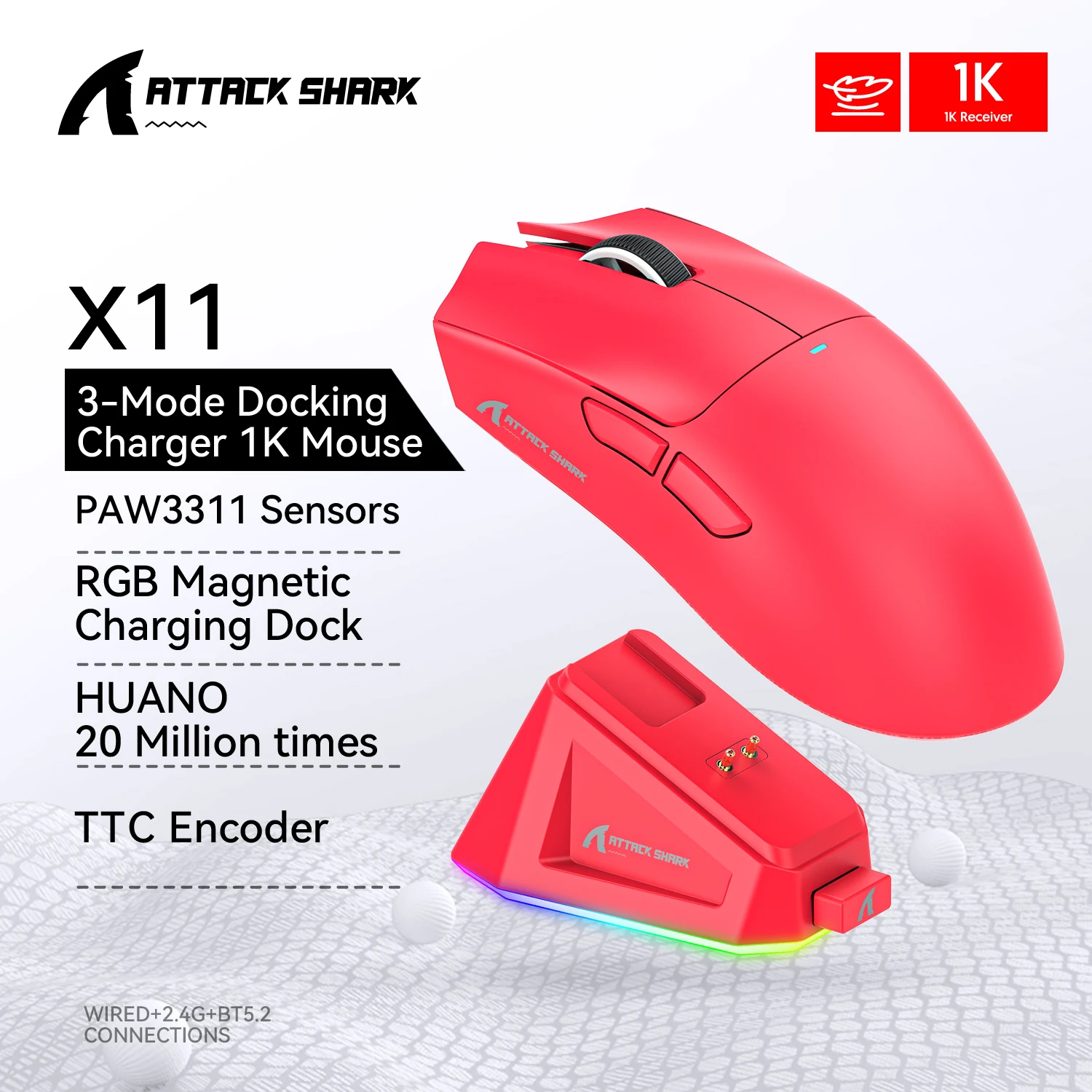 Attack Shark X11 무선 마우스, 블루투스, 2.4G, 유선 트라이 모드 마우스, RGB 마그네틱 충전 독, 게임용 마우스, PAW3311