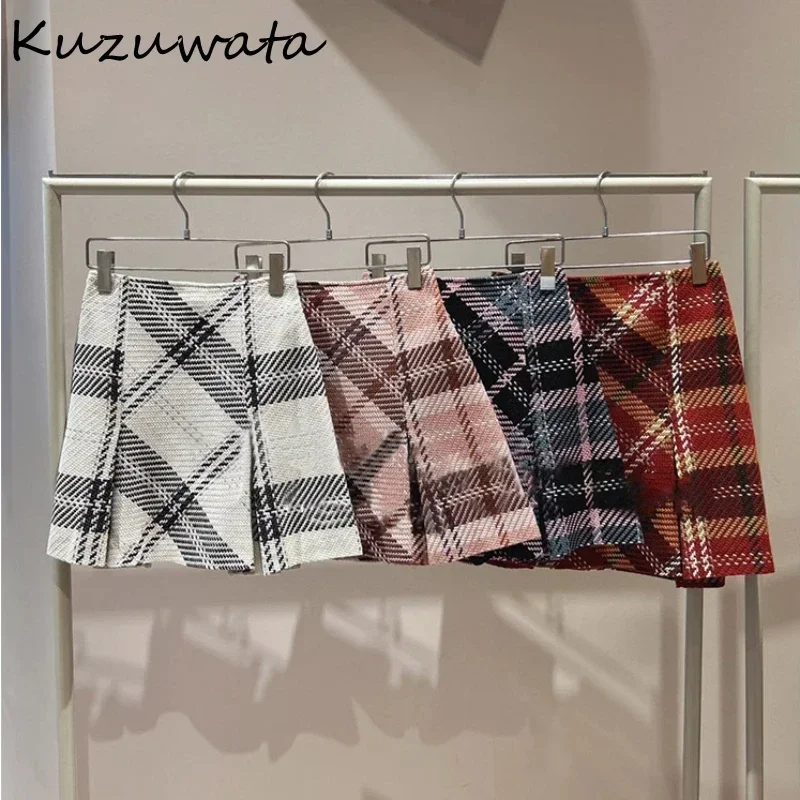 Kuzuwata 맞춤형 하이웨이스트 격자 무늬 팔다 슬림 플레어, 올 매치 캐주얼 구김, 럭셔리 스커트, 새로운 패션