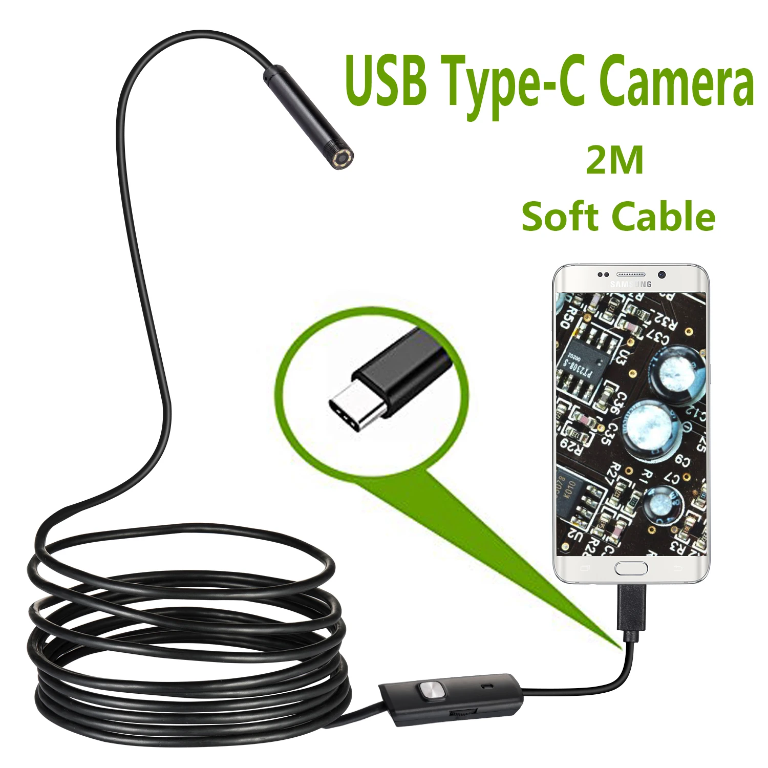 USB C타입 내시경 카메라, 안드로이드 PC, 7.0mm, 2m 유연한 스네이크 검사 스코프 보어스코프 카메라, 6LED 조절 가능, 최신